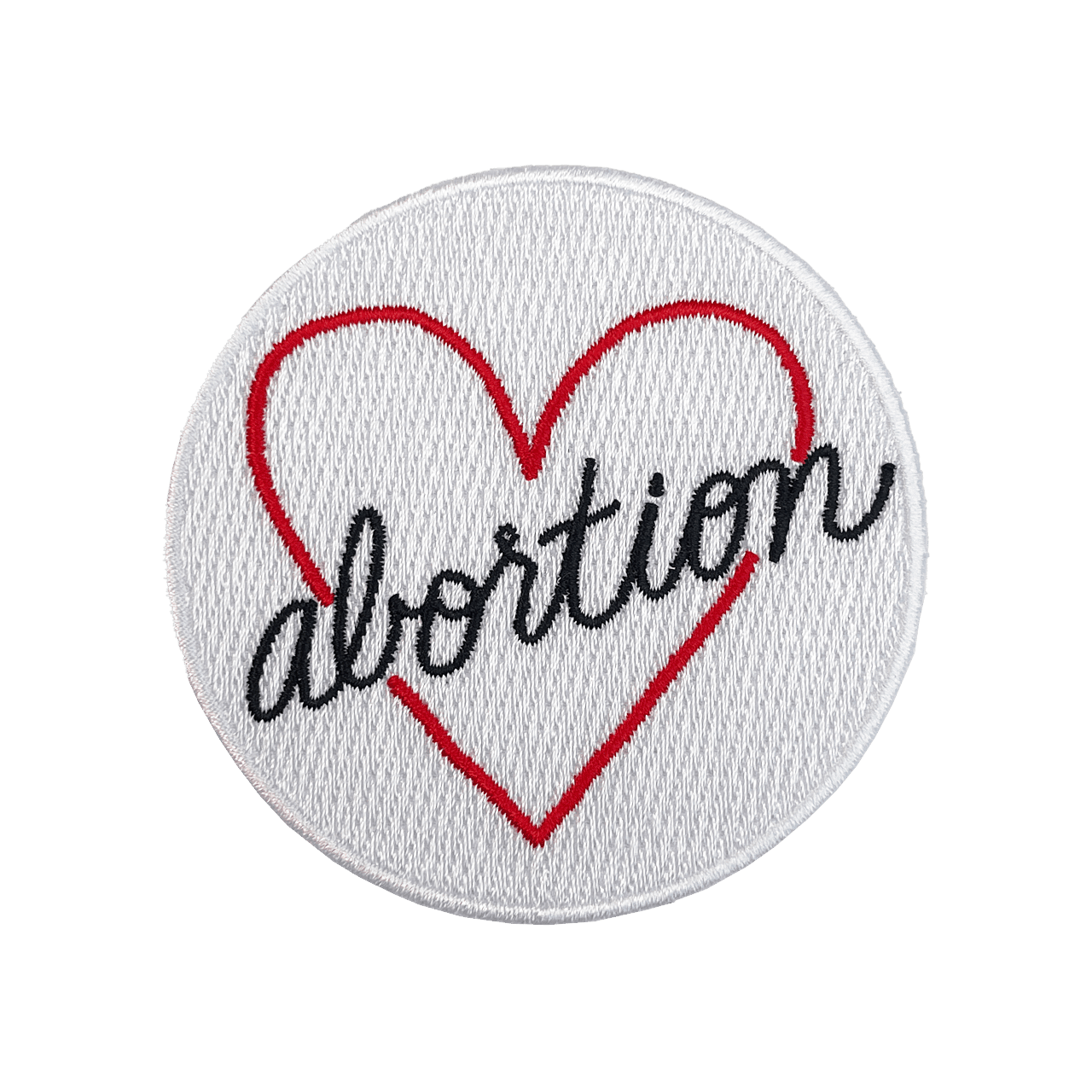 Embroidered patch that says Abortion inside a heart