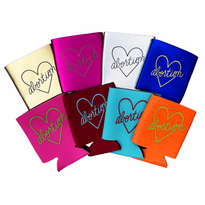 Multi-colored can koozies with Abortion written in script in a heart