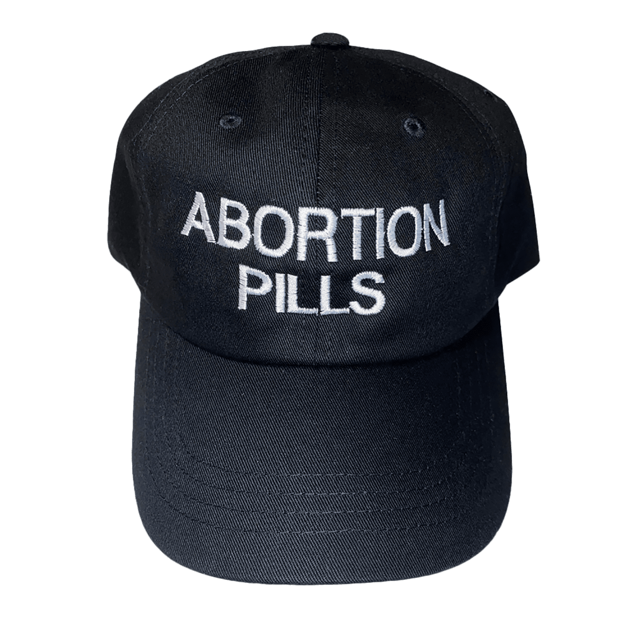 Back baseball hat with ABORTION PILLS embroidered in white