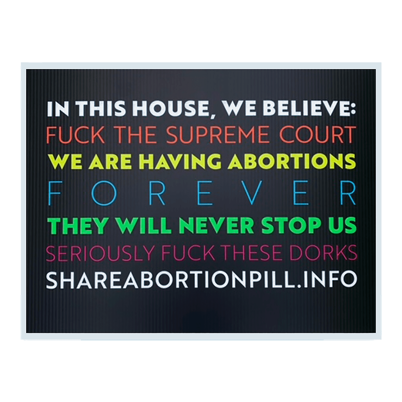 Black sign that says in this house we believe, fuck the supreme court, we are having abortions forever, they will never stop us, seriously fuck these dorks