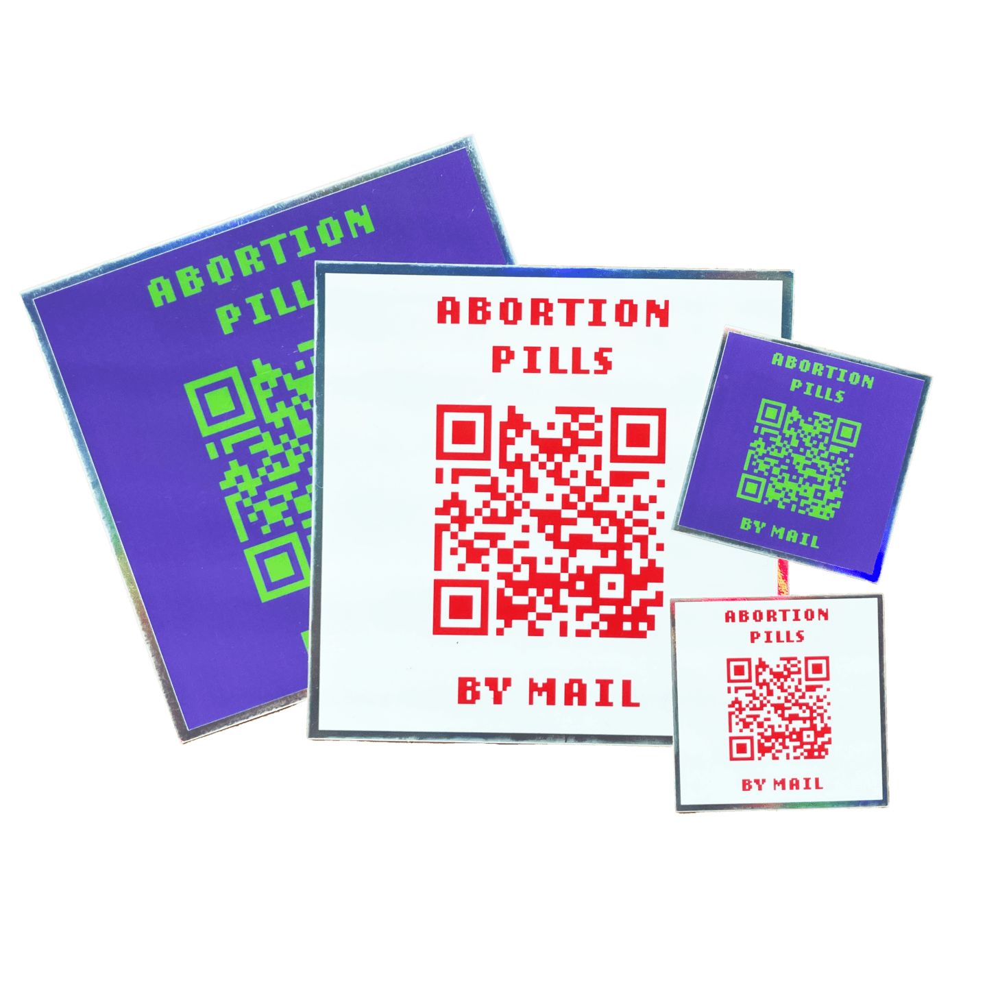 holographic stickers that say abortion pills by mail with a QR code