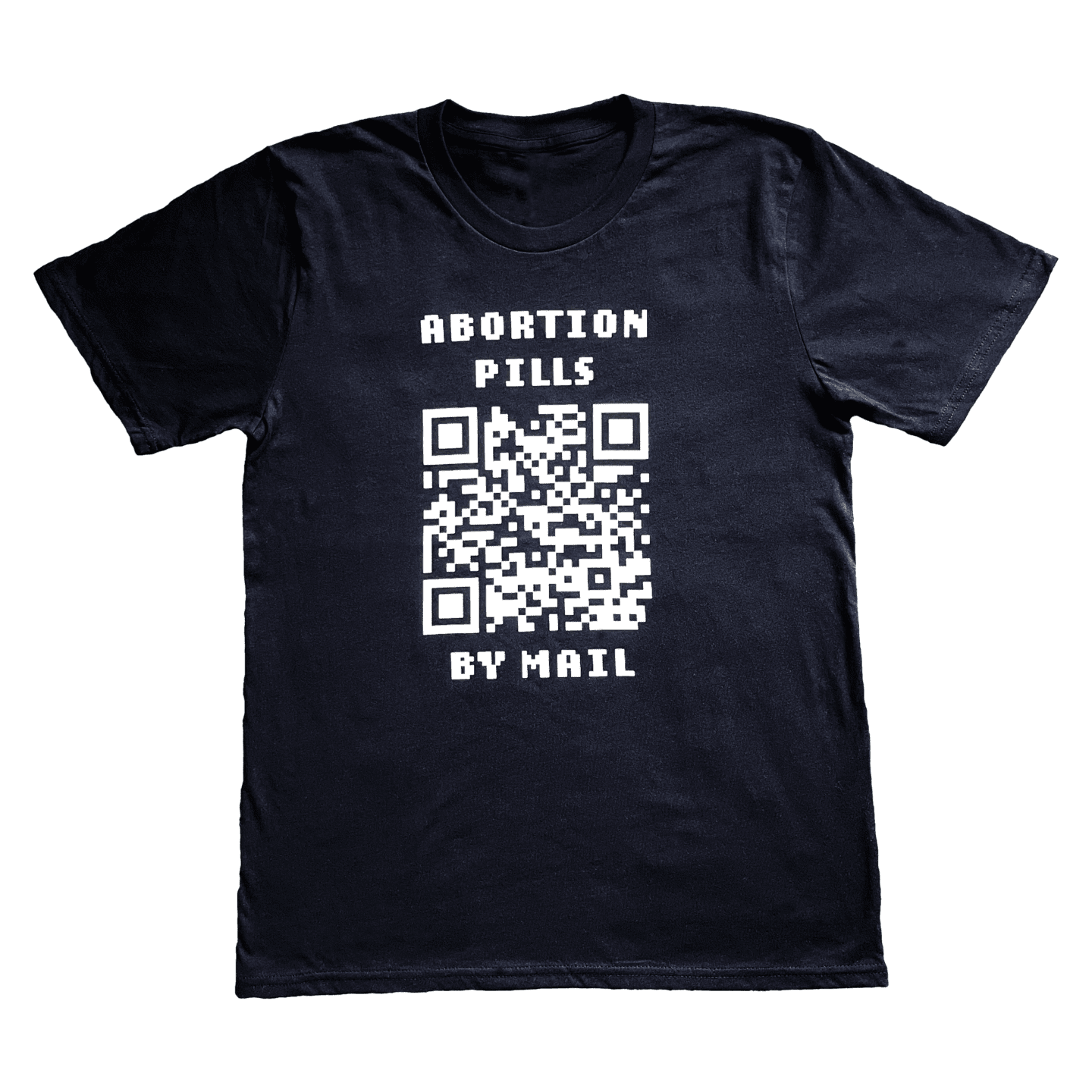 Black abortion pills by mail tee with a QR code