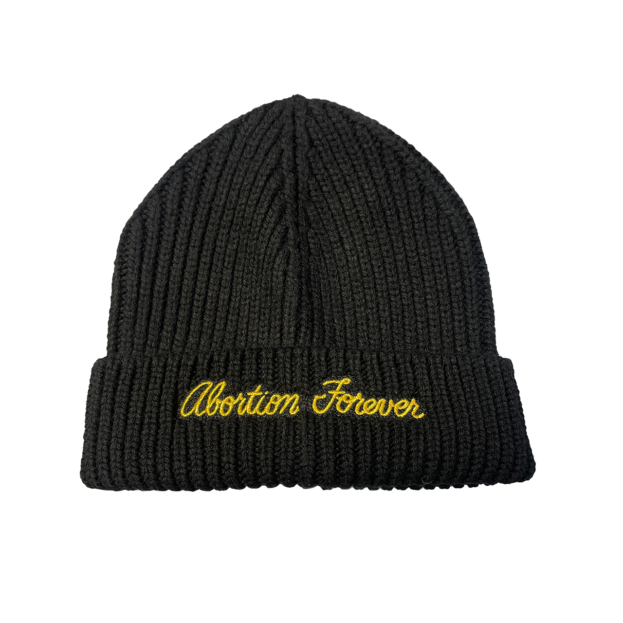 Black knit beanie with Abortion Forever embroidered in gold thread on the cuff