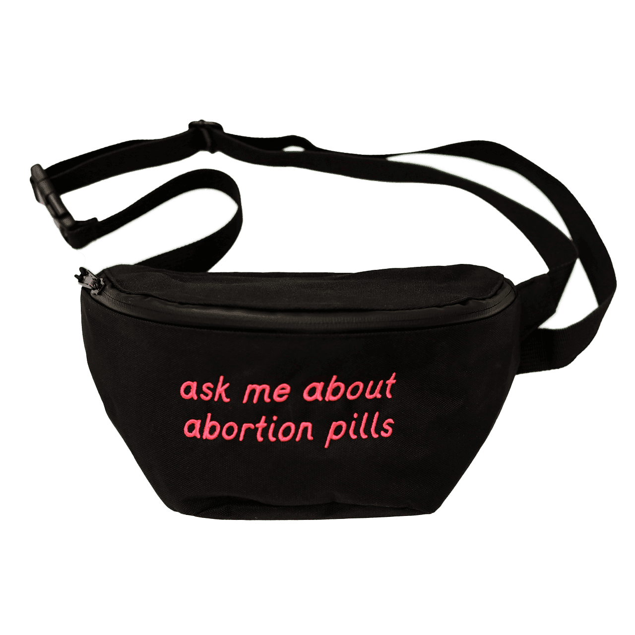 Black fanny pack with red words that say "ask me about abortion pills"