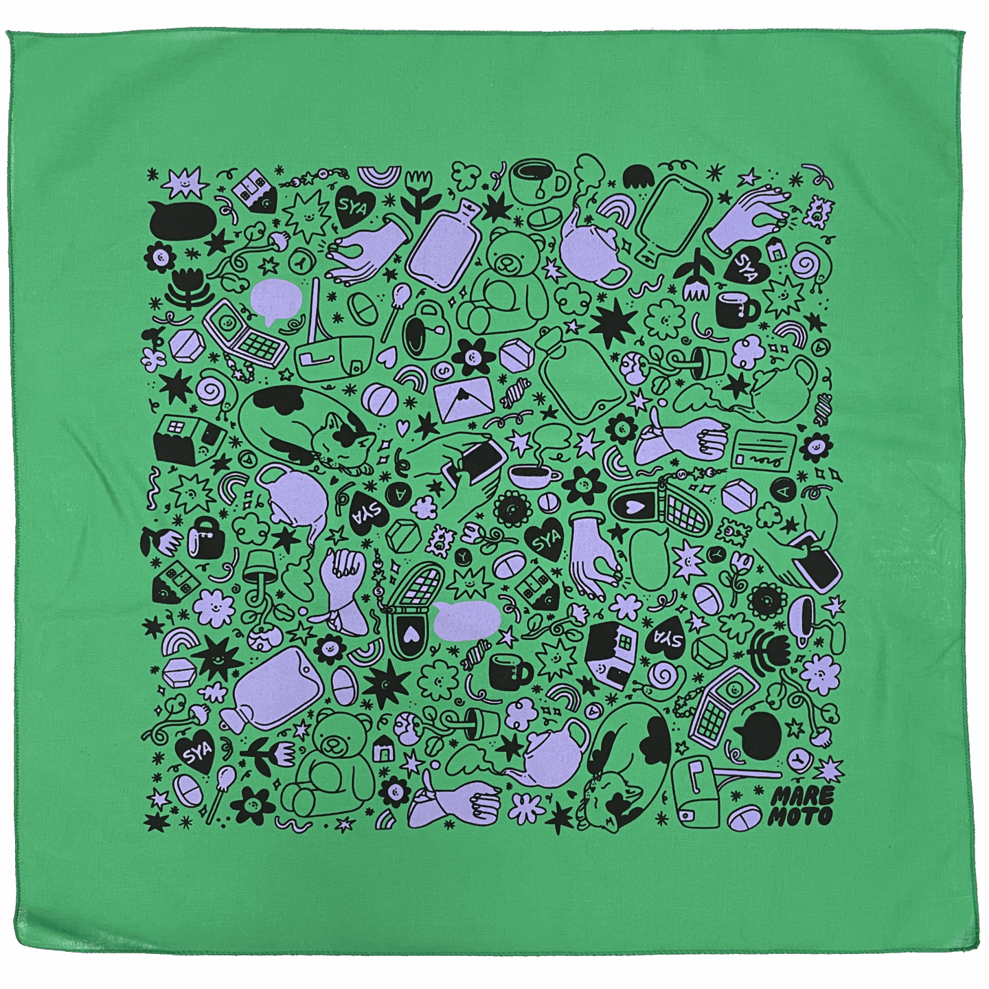 Kelly green bandana with an all-over print in black and purple by Mar Lorenzo