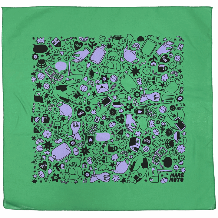 Kelly green bandana with an all-over print in black and purple by Mar Lorenzo